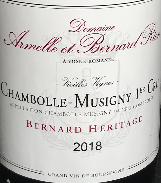 Chambolle Musigny 1 er Cru " Bernard Héritage " 2018 - 75 cl